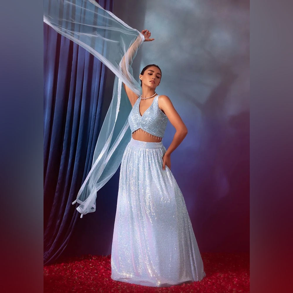 COPY - Pastel Blue Hologram Sequin Lehenga Set With Embroidered Blouse And Dupa…